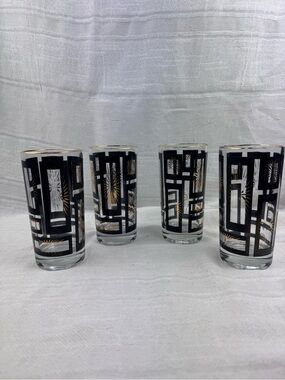 MCM Black and Gold Atomic Starburst Highball Glasses Set Of 4